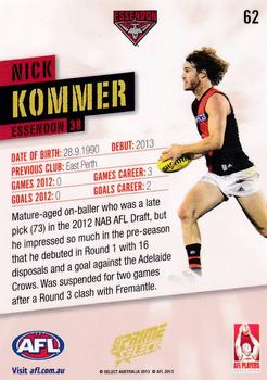 2013 Select Prime AFL #62 Nick Kommer Back